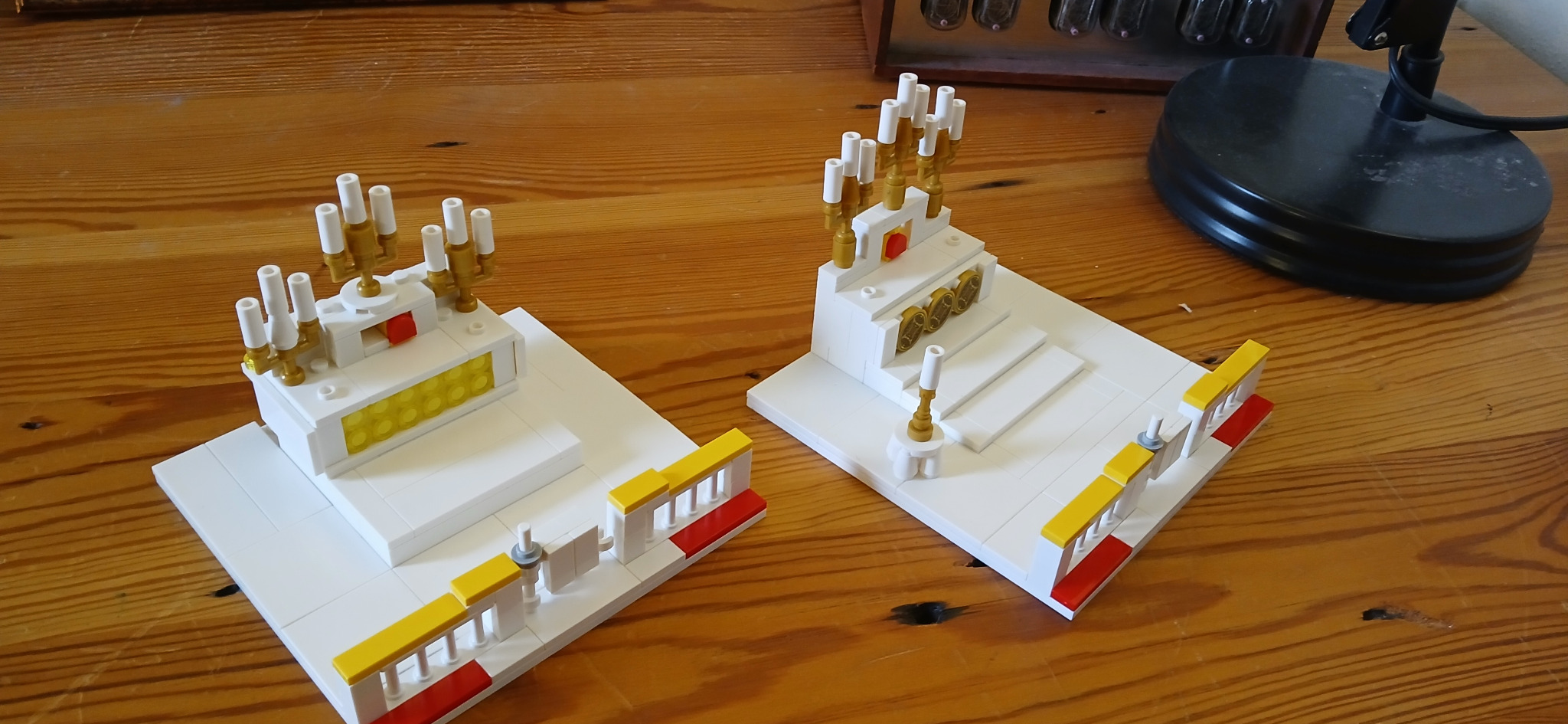 Angled view of both brick-built altars